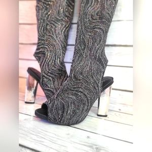 Used Bamboo Sunlight Over the Knee PeepToe Block Heal Boot Black Glitter Sz 8.5